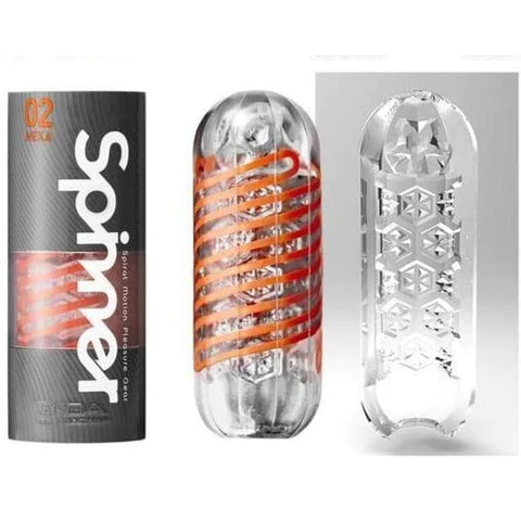 Tenga Spinner 02 Hexa reusable male masturbator with spiral and hexagonal textures.
