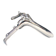 Stainless steel vaginal speculum with a locking screw.