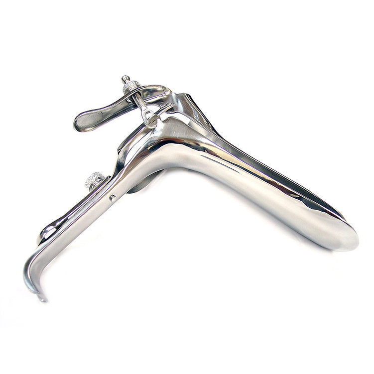 Stainless steel vaginal speculum with a locking screw.