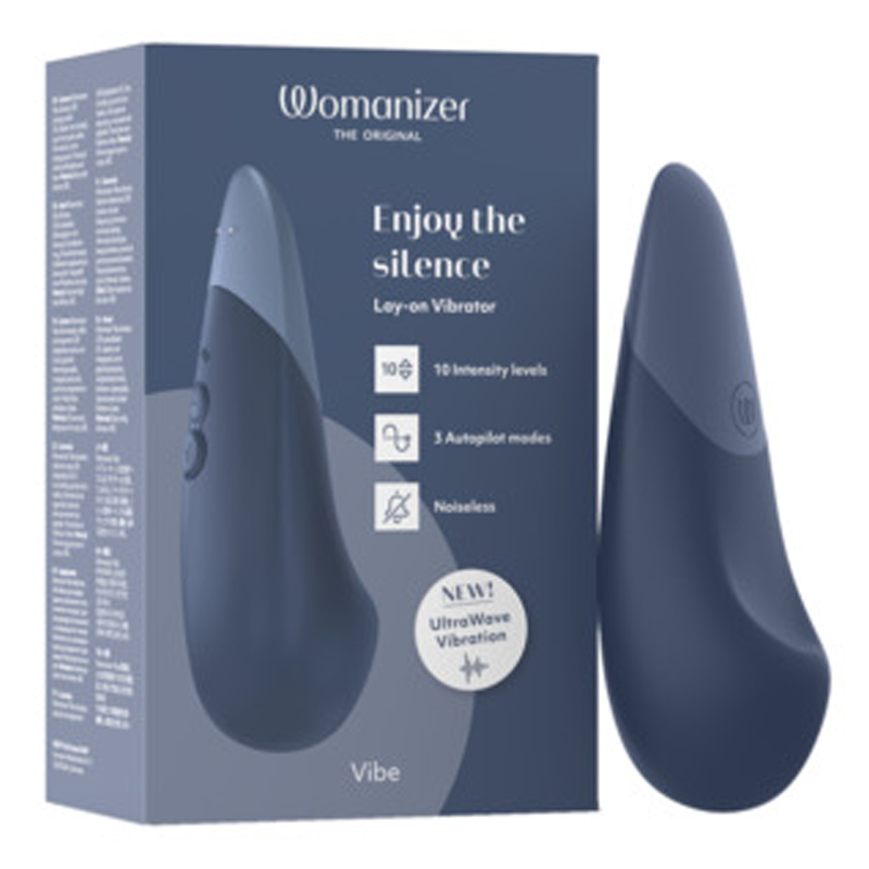 Dark blue Womanizer Vibe clitoral vibrator with UltraWave technology.
