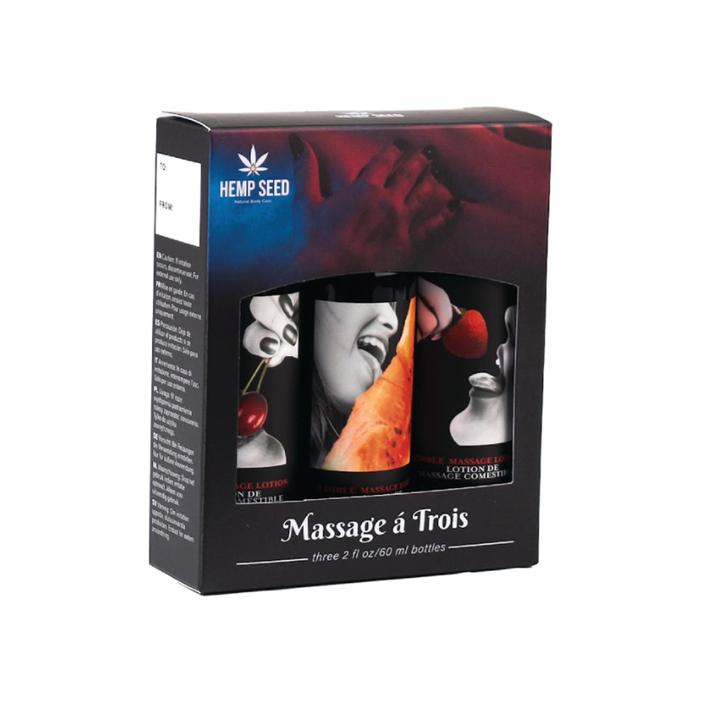 Gift set of three edible massage lotions with fruit designs.