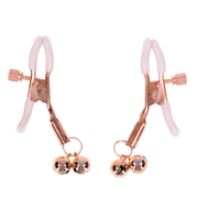 Rose gold nipple clamps with adjustable tension and dangling bells.