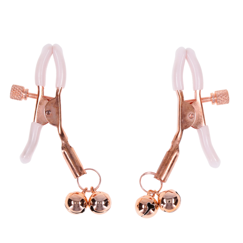 Rose gold nipple clamps with adjustable tension and dangling bells.