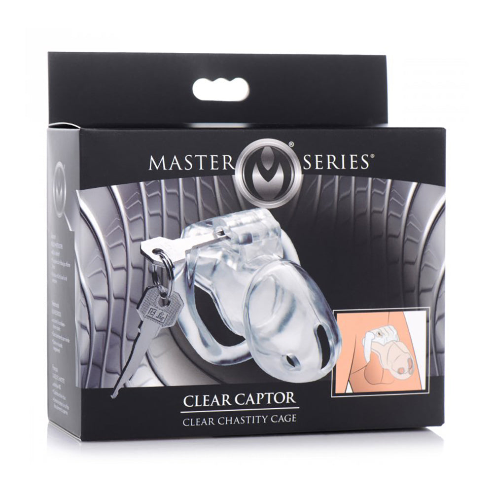 Clear Captor chastity cage made of transparent ABS plastic with a key.