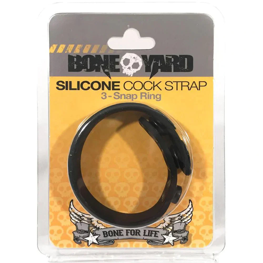 Black silicone cock strap with 3 snap ring.