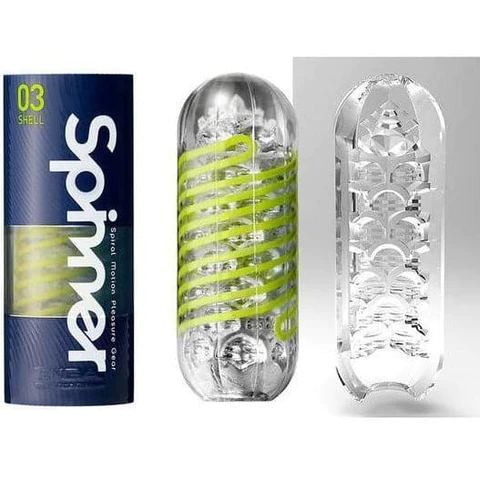Tenga Spinner 03 Shell reusable spiral male masturbator with green stripes.