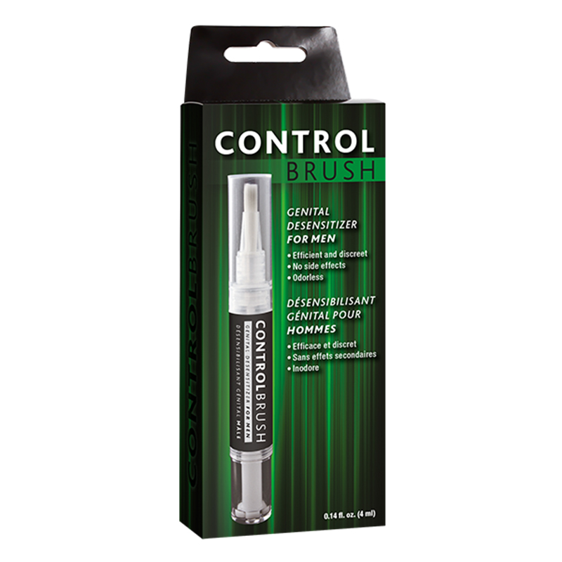 Control Brush genital desensitizer for men in a pen applicator.