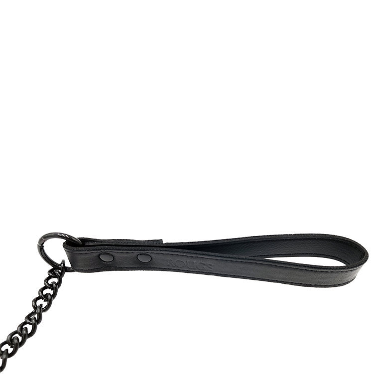 Black leather lead with a black metal chain and trigger hook.