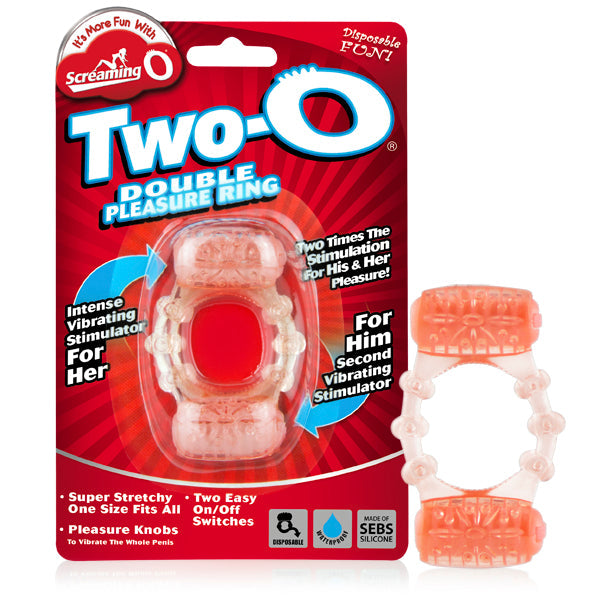 Two-O dual-motor vibrating pleasure ring with ticklers in packaging and separate.