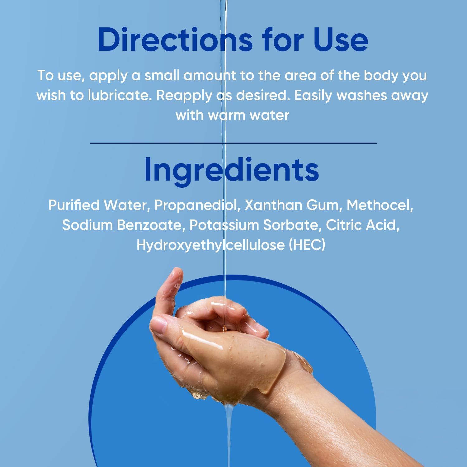 A hand with water-based lubricant being poured onto it, with directions and ingredients listed.