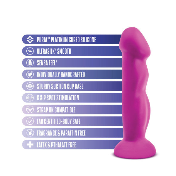 Violet dual-density silicone G-spot dildo with suction cup base and curved shaft.