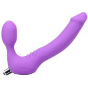 Purple strapless silicone vibrating dildo with curved shaft and bulb handle.
