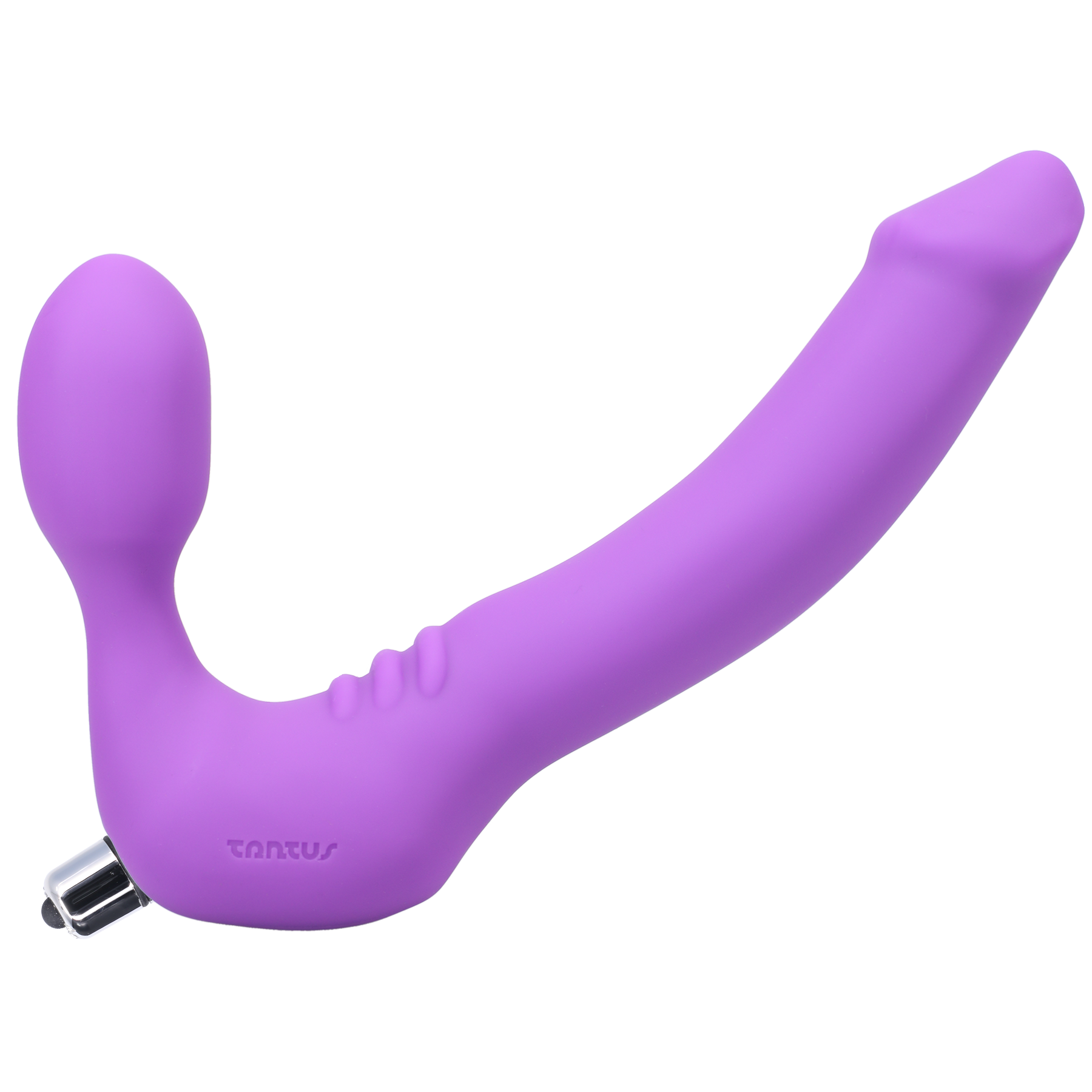 Purple strapless silicone vibrating dildo with curved shaft and bulb handle.