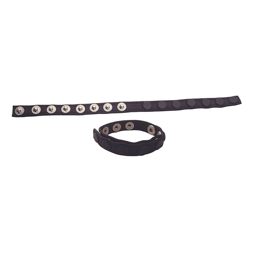Adjustable black leather strap with silver snaps, shown in a straight and curved position.