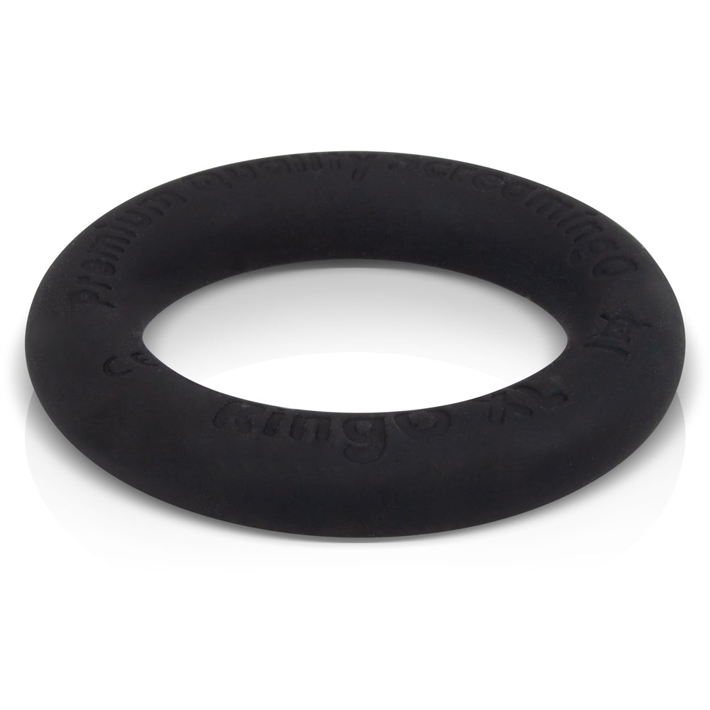A black, large, soft liquid silicone cock ring with embossed text.