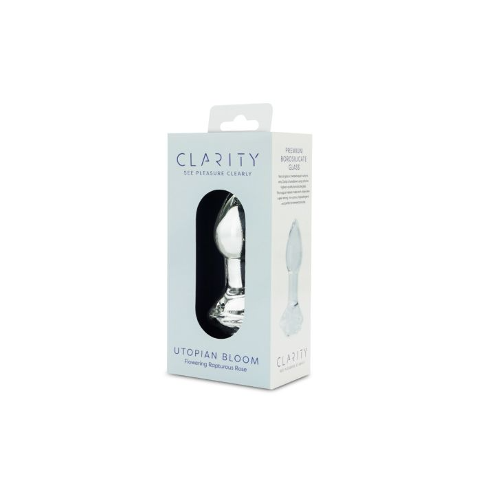 Clarity Utopian Bloom glass butt plug in packaging.