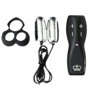 Black hands-free male vibrator with dual motors and remote control.