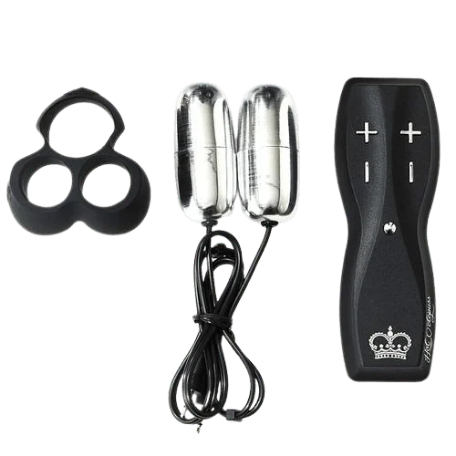 Black hands-free male vibrator with dual motors and remote control.