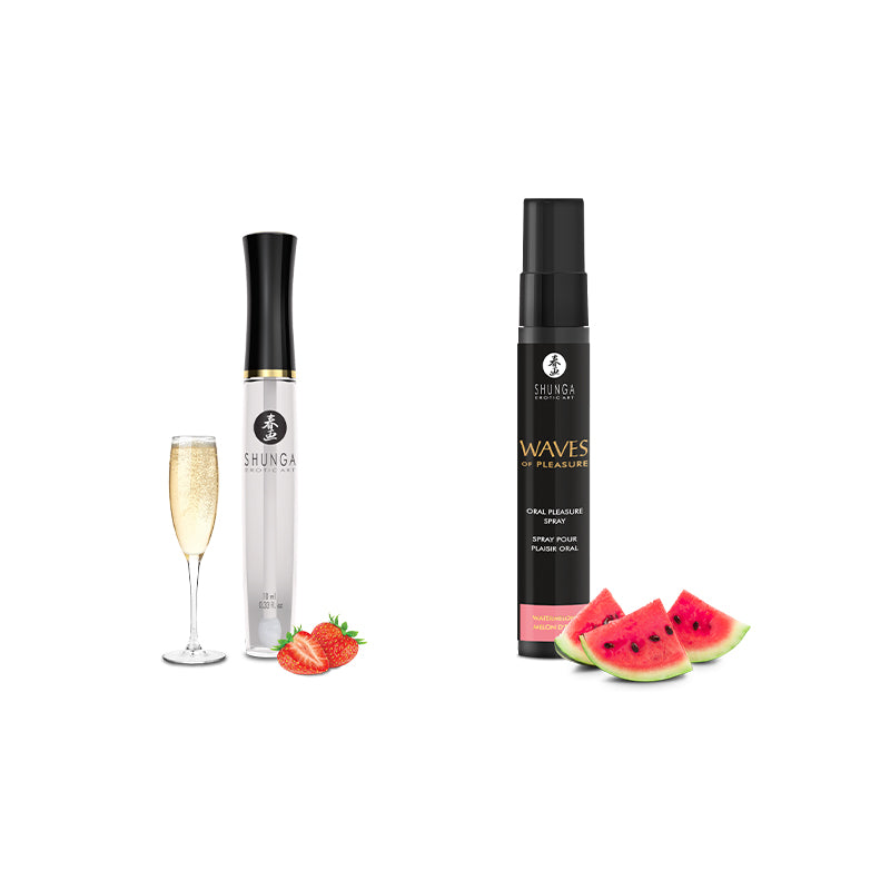 Two Shunga pleasure sprays with strawberries and watermelon slices.