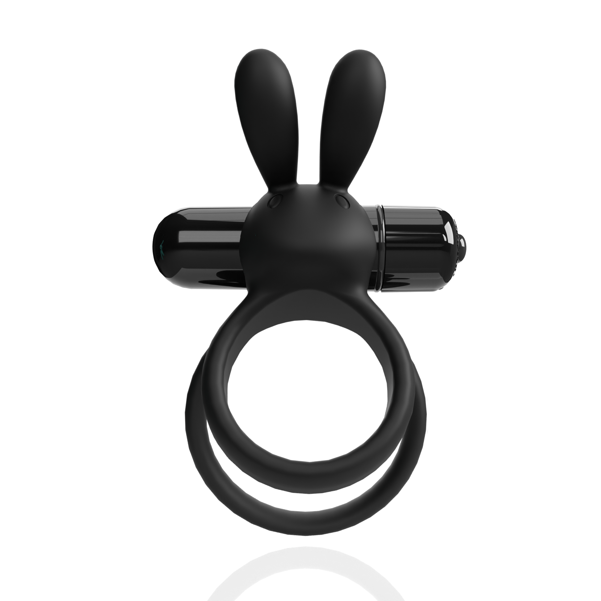 Black silicone rechargeable rabbit cock ring with dual rings.