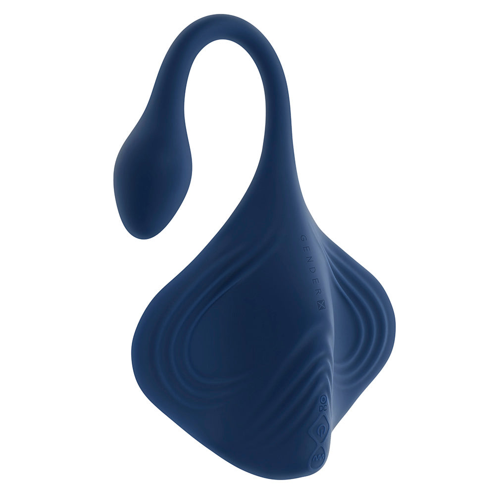 A blue silicone stingray-shaped vibrator with textured surfaces and a curved tail.