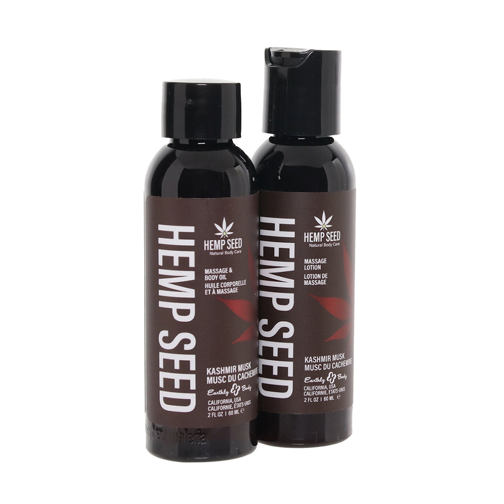 Two bottles of Hemp Seed massage lotion and oil in Kashmir Musk scent.