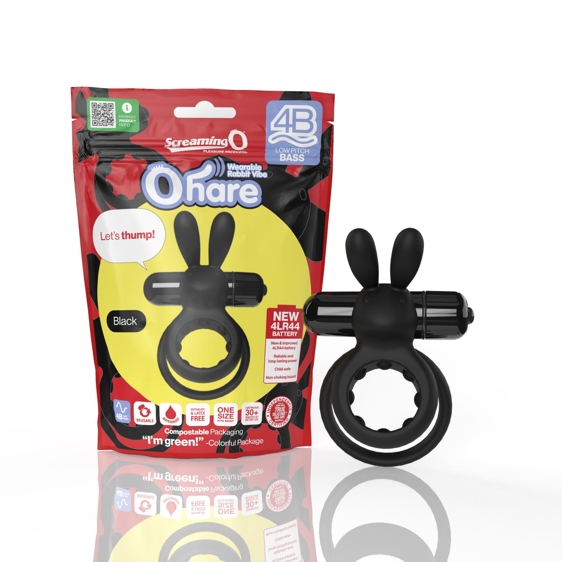 Black waterproof vibrating rabbit ring with 4LR44 battery.