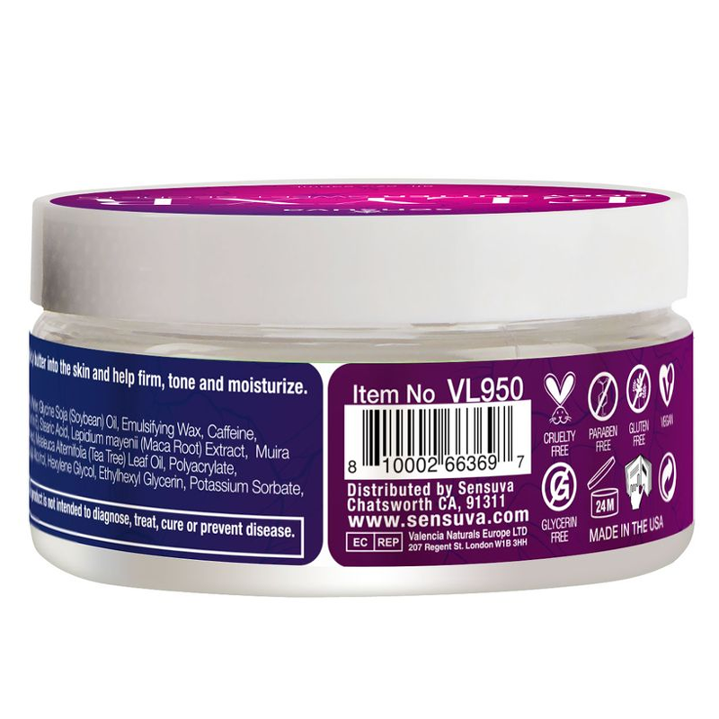 Sensuva Sweet Secrets Firming Body Butter jar with ingredient list and certifications.