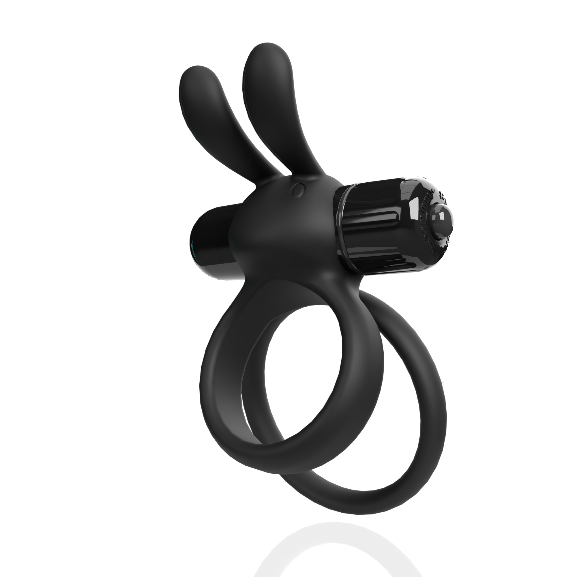 Black silicone rechargeable rabbit cock ring with dual rings.