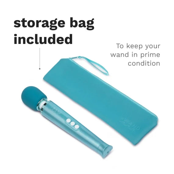 A blue wand massager with a storage bag.
