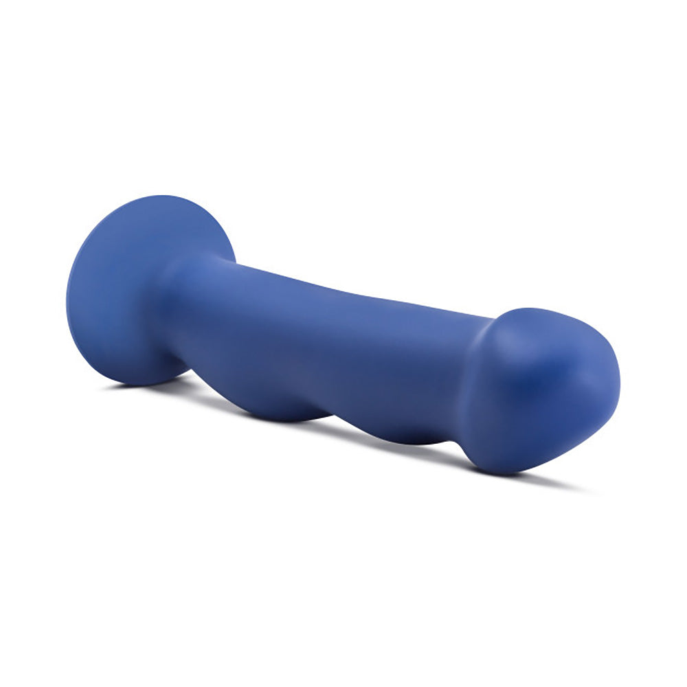 A blue silicone dildo with a flared base and curved shaft.