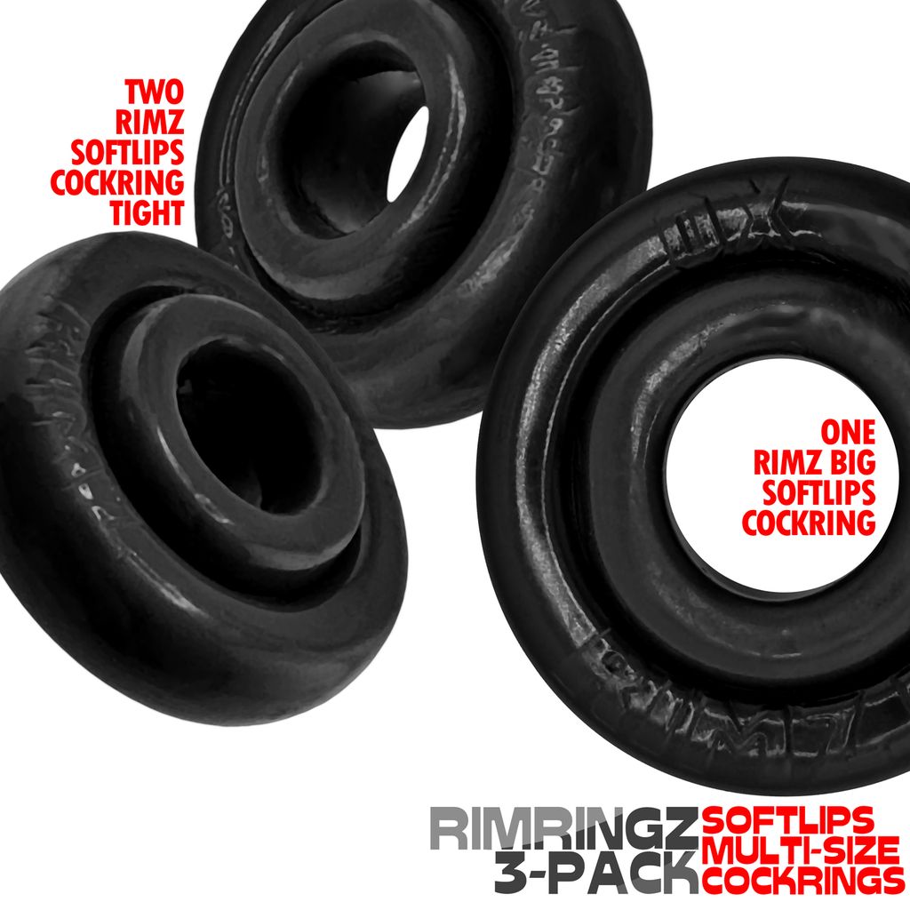 Three black Rimringz cock rings in different sizes.