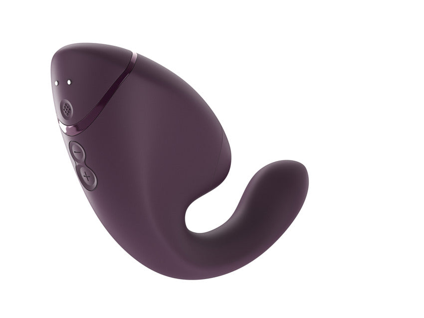 A dark purple dual clitoral and G-spot stimulator with buttons.