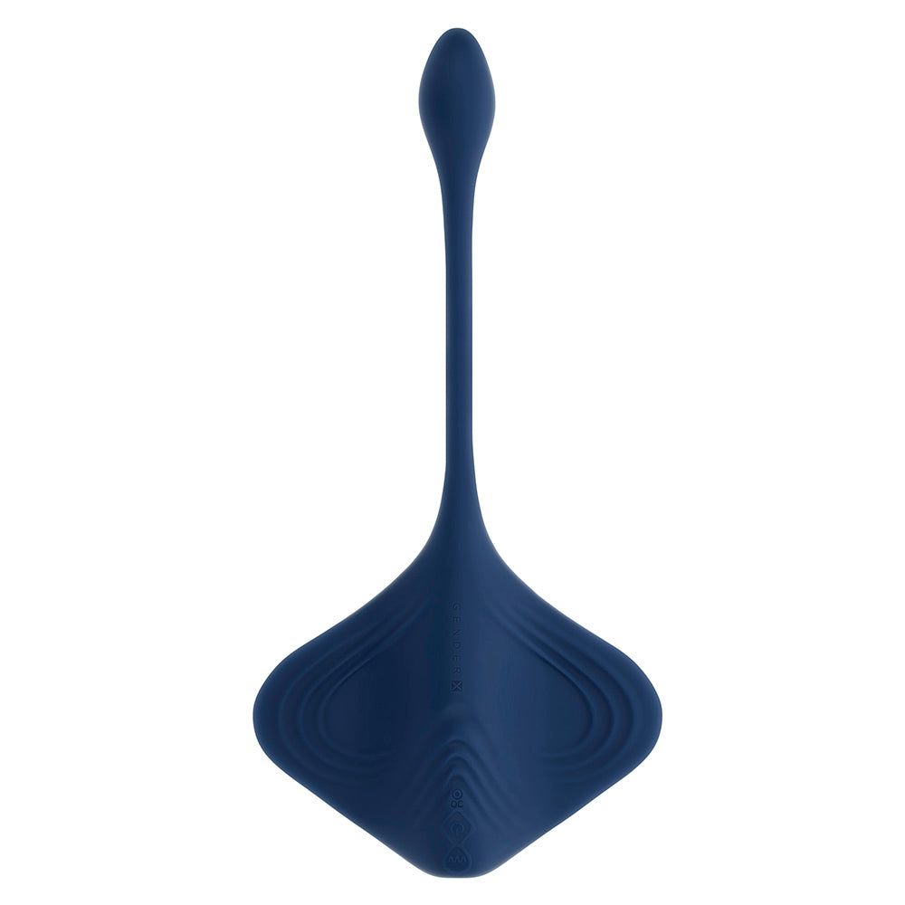 A blue silicone stingray-shaped toy with a long tail.