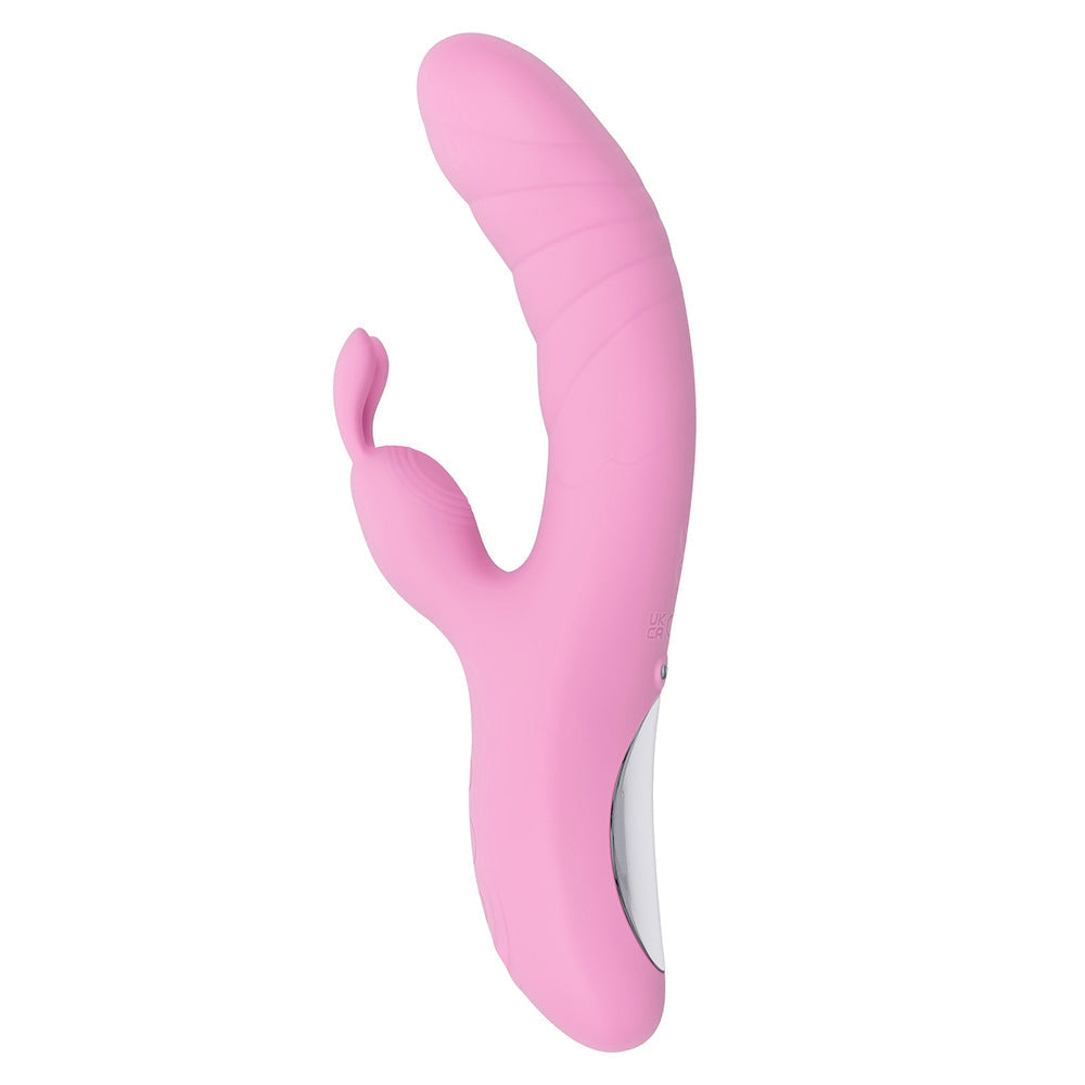 A pink rabbit vibrator with a curved shaft and a button on the side.