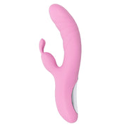 A pink rabbit vibrator with a curved shaft and a button on the side.