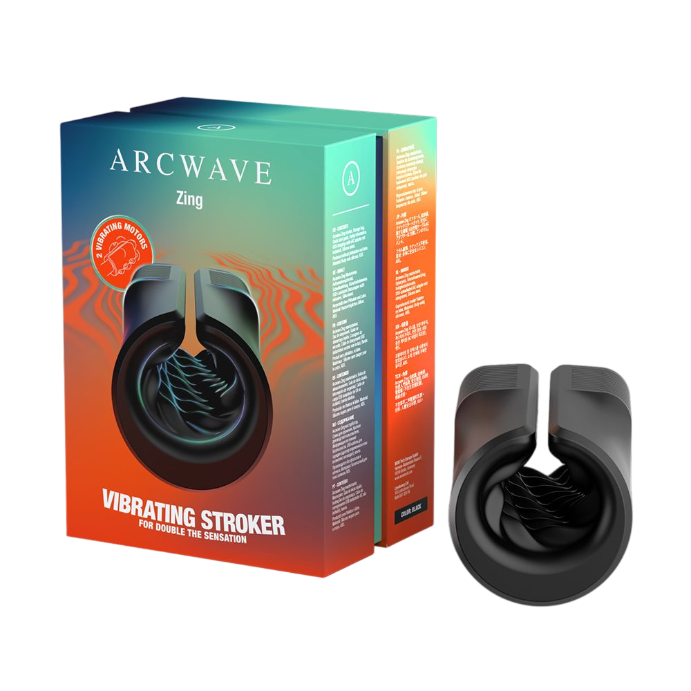 Black silicone vibrating stroker with dual motors and textured interior.