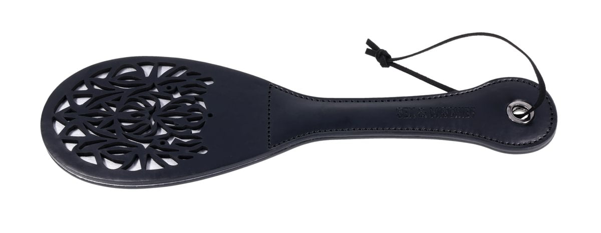 Faux leather spanker paddle with lace cutout and split tip.