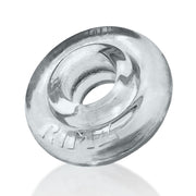 Clear soft rubber cock ring with embossed text.