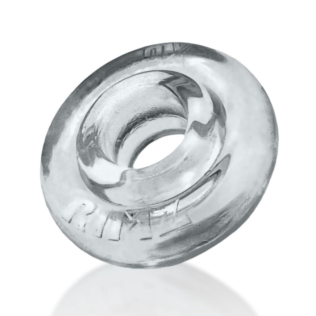 Clear soft rubber cock ring with embossed text.