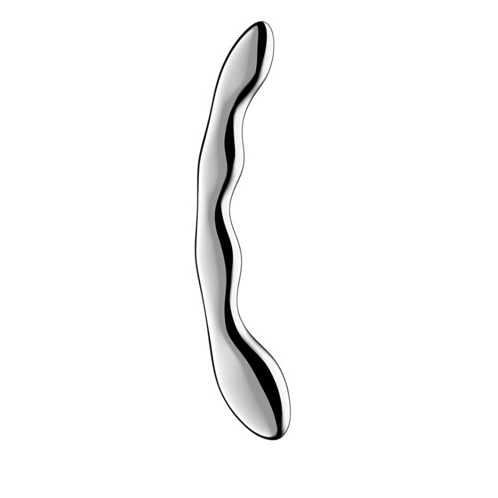 Curved stainless steel G-spot dildo with rippling texture.