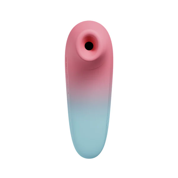 Pink and blue gradient clitoral suction stimulator with a black opening.