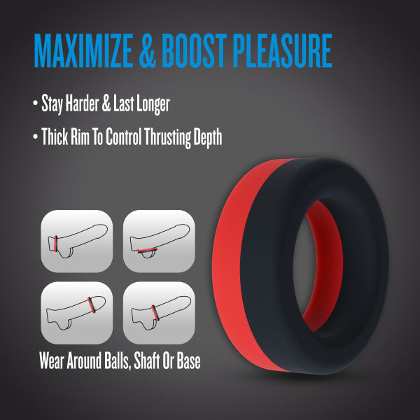 Thick silicone cock ring in black and red, with diagrams showing placement.