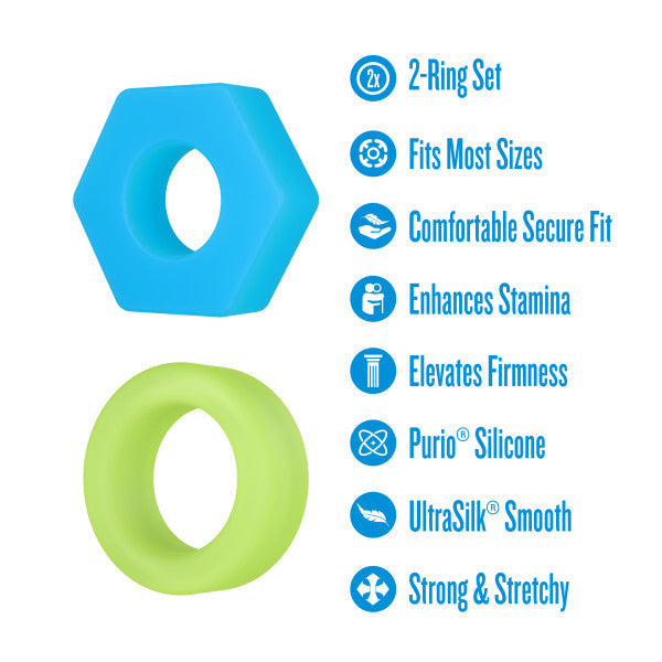 Two silicone cock rings, one blue hexagonal and one green circular, with feature icons.