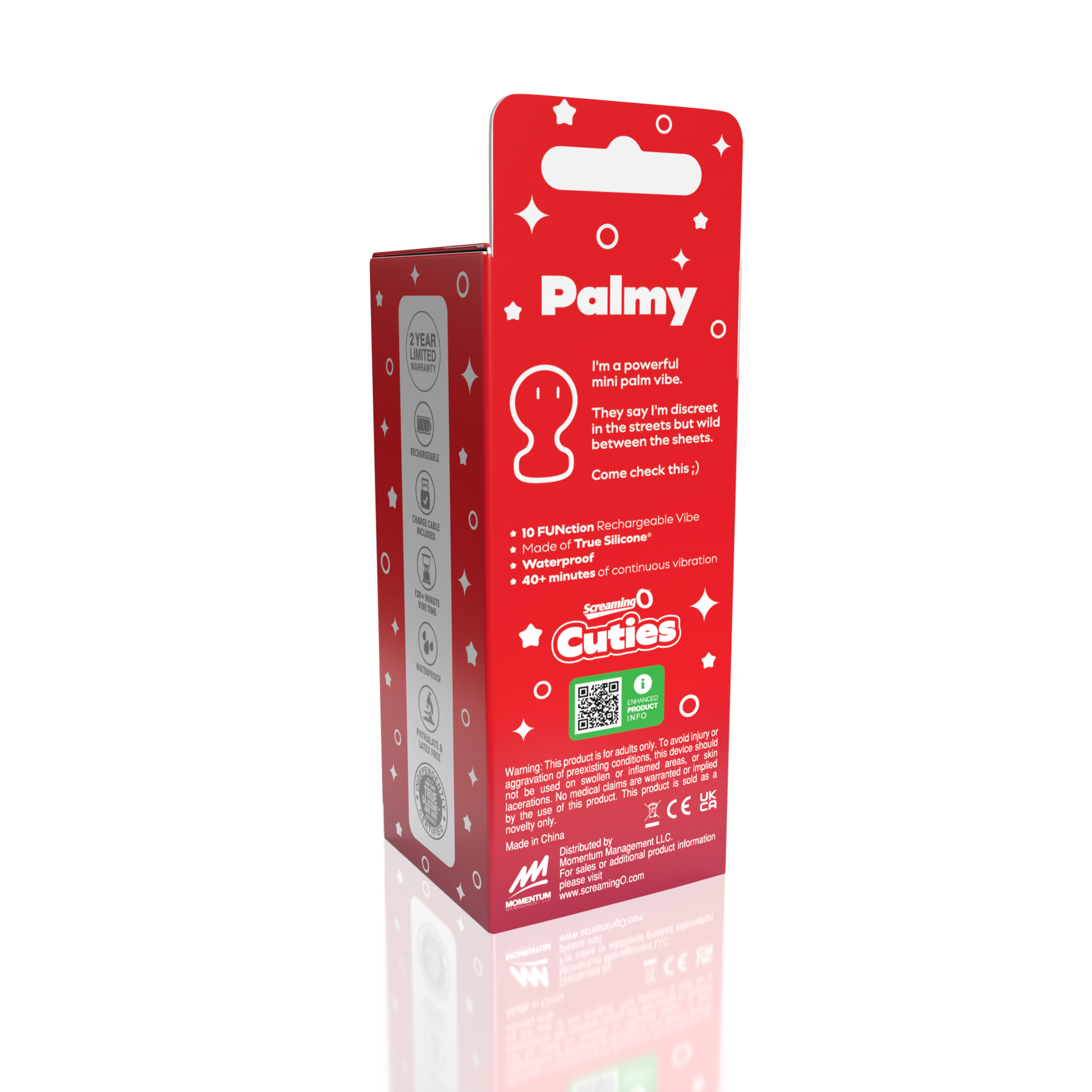 A red box for a Screaming O "Palmy" rechargeable silicone palm vibrator with product details.