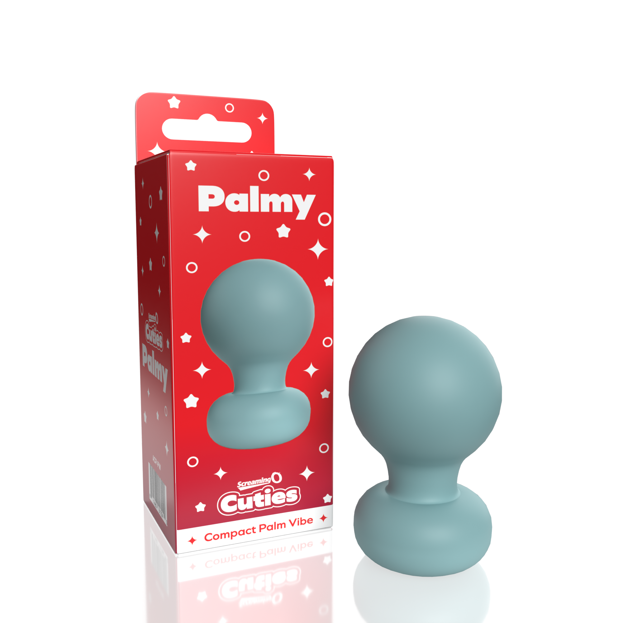 Powder blue silicone palm vibrator with a red and white star-patterned box.