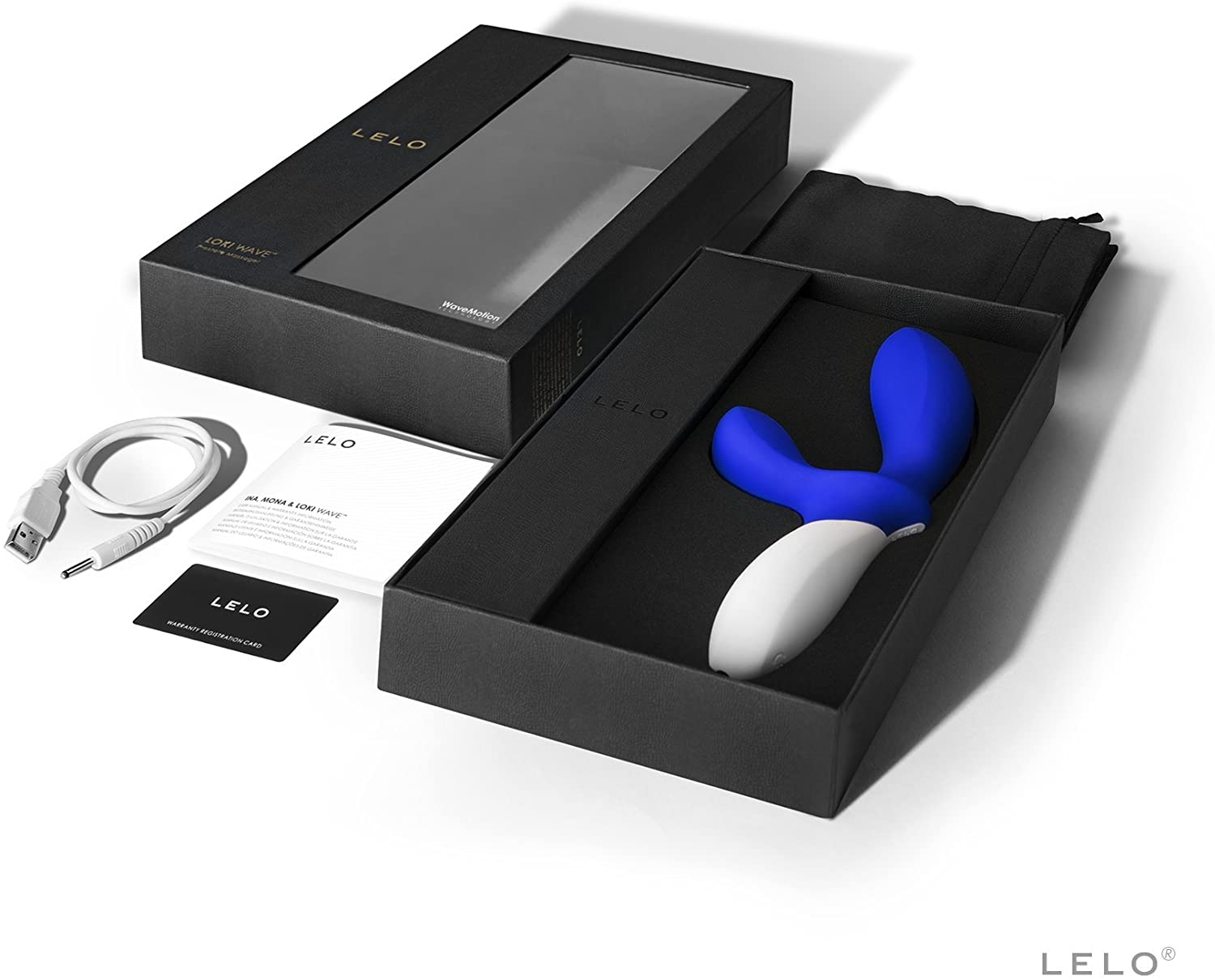 Lelo Loki Wave prostate stimulator in federal blue with charging cable and instructions.