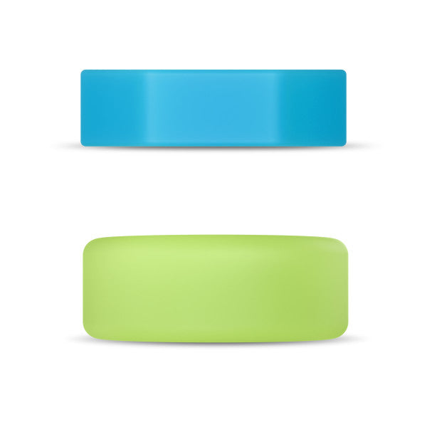 Two glow-in-the-dark silicone cock rings, one blue and one green.