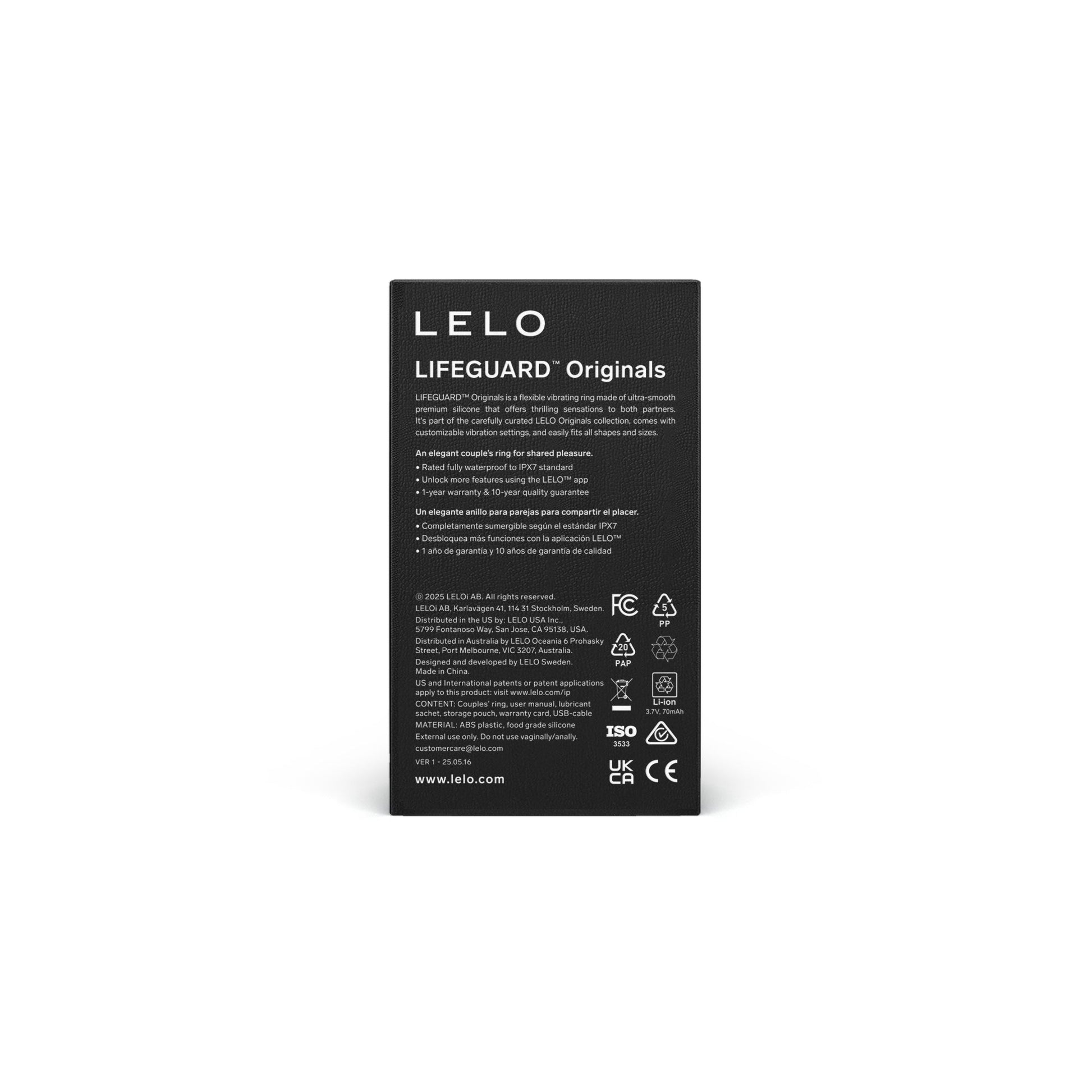 LELO LIFEGUARD Originals vibrating silicone penis ring with app control and waterproof design.
