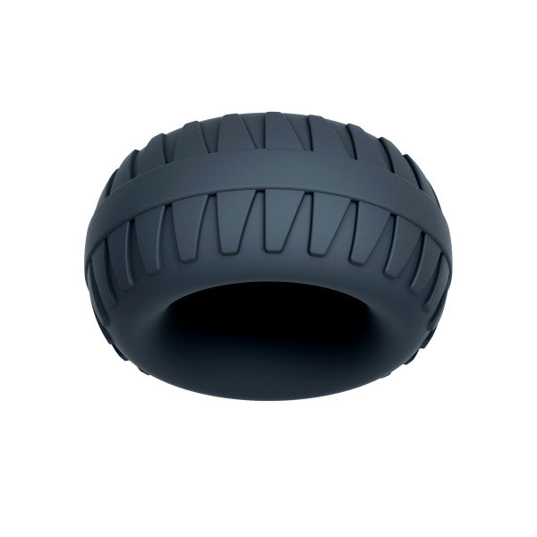 Dark grey textured silicone cock ring and ball stretcher.